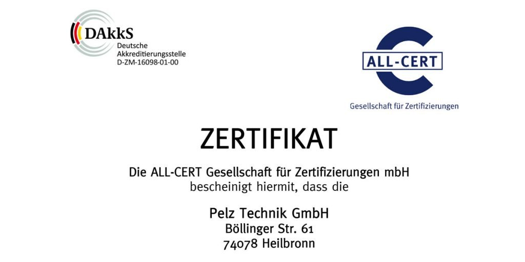 Zertifikat DIn EN ISO – Pelz Technik GmbH